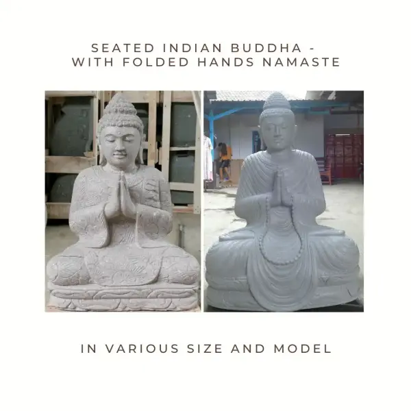 Product image 1 of the product “Seated Indian Buddha - with folded Hands Namaste, in the sizes from 60cm to 150cm. Regular cape and Flower pattern cape models, Natural finish ”